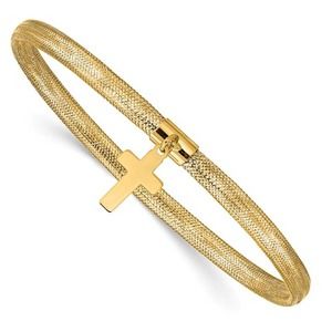10K Yellow Gold Stretch Mesh Dangle Cross Charm Bracelet Women's 4 mm 7 inch